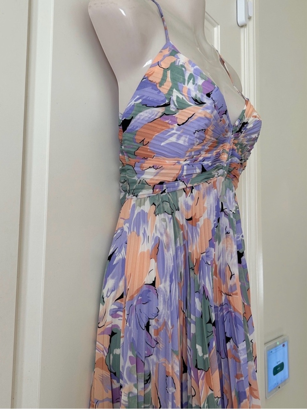 Astr Floral Pleated Midi Dress in Lavender, Peach, Green - Picture 5 of 10